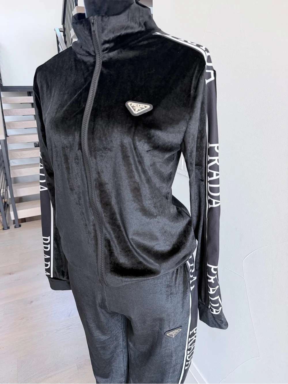 Prada Black Velour Track Jacket & Pants Set size S